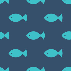 Seamless fish pattern, kids simple texture. Blue baby shower background, vector eps10