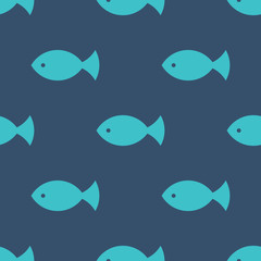 Seamless fish pattern, kids simple texture. Blue baby shower background, vector eps10