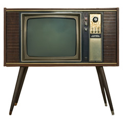 Vintage TV : old retro TV set in wooden cabinet on isolated white background with clipping path.