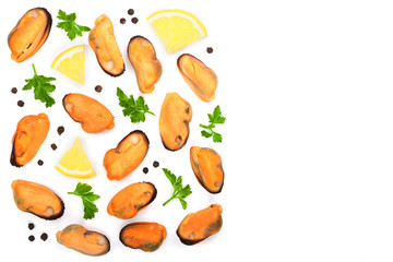 mussels with parsley lemon and peppercorns isolated on white background. Top view. Flat lay