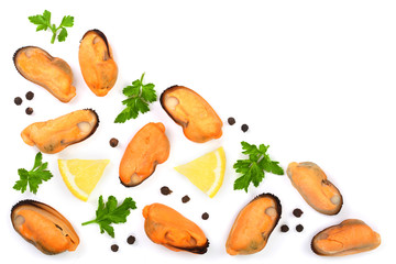 mussels with parsley lemon and peppercorns isolated on white background. Top view. Flat lay