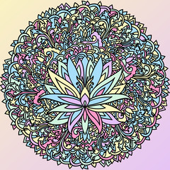 Abstract mandala ornament. Asian pattern with lotus flower. Colorful authentic background. Vector illustration.