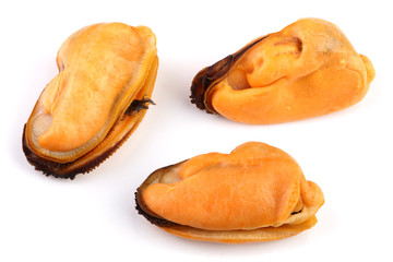 three mussel without shell isolated on white background
