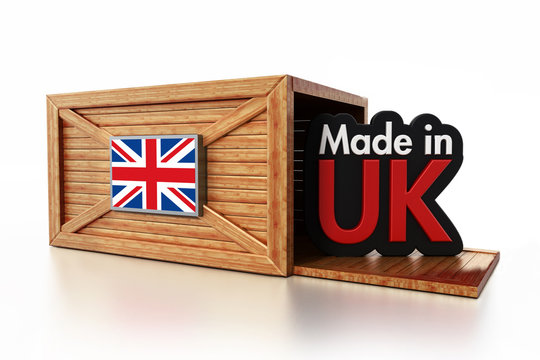 Made in UK text inside cargo box with British flag. 3D illustration