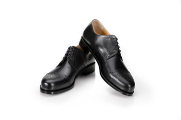 men's shoes leather expensive elegant new shiny production industry objects fashion laces sole heels white background isolate 