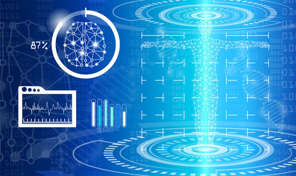 abstract background technology concept in blue light,brain and human body heal ,technology modern medical science in future and global international medical with tests analysis clone DNA human