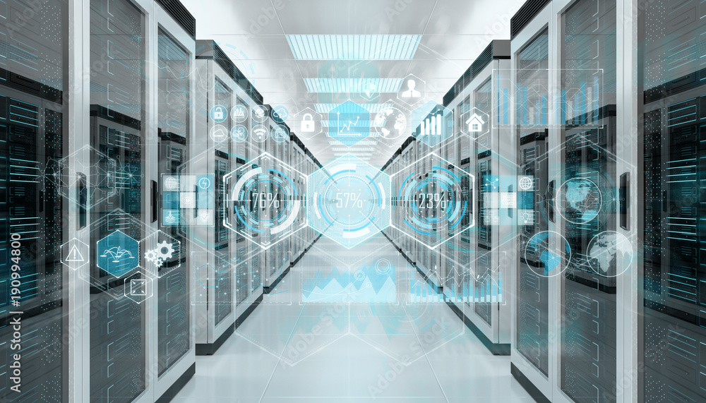 Aufkleber Graph holograms flying over server room data center 3D rendering