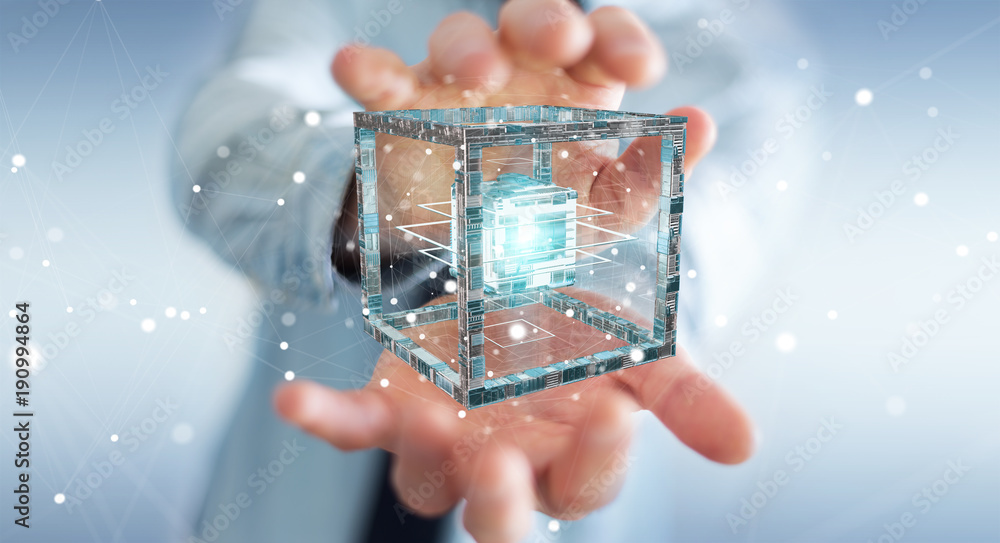 Poster businessman using futuristic cube textured object 3d rendering