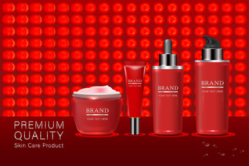 Red Cosmetic containers with advertising background ready to use, luxury skin care ad. illustration vector.