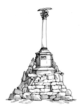 Sevastopol city symbol: Monument to the scuttled ships. Sketch. Drawing for souvenirs. Crimean War.