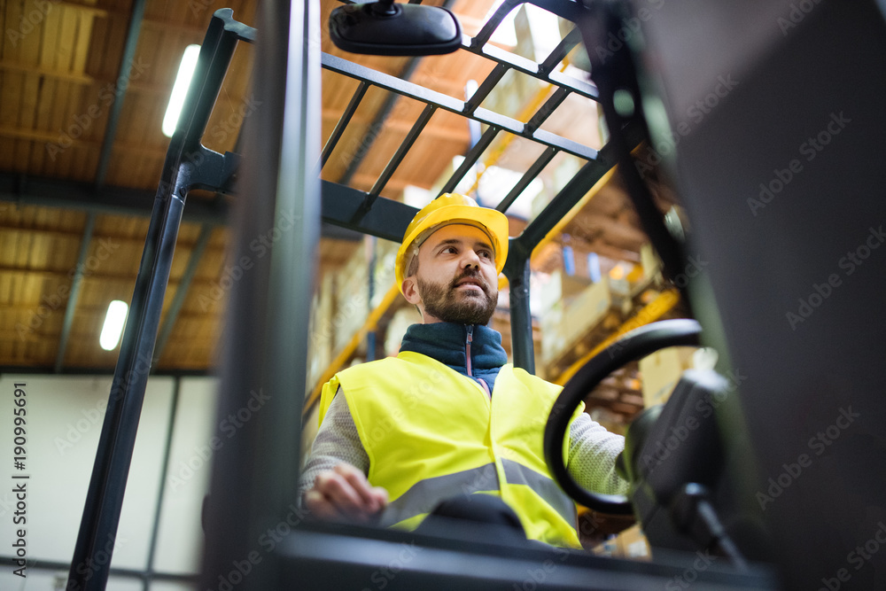 Sticker Warehouse man worker with forklift.