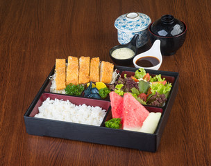 japanese cuisine. lunch box set on the background