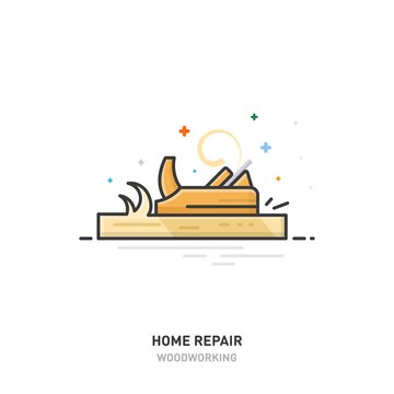 Home repair logo. Wood processing. Joinery. Plane. Line design. Vector illustration.