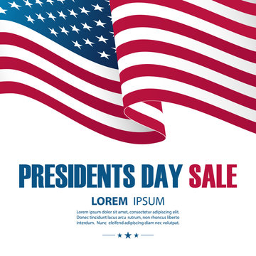 Presidents Day Sale special offer card with United States waving national flag for business, promotion and holiday shopping. Vector illustration.