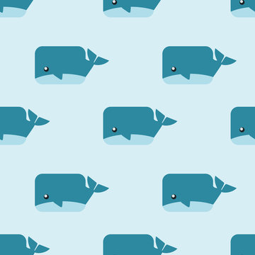 Cute cartoon whale seamless pattern vector background. Lovely cartoon whale on pastel blue background.