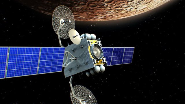 Fictional artificial satellite in Mercury orbit, 3d animation. Texture of the Planet was created in the graphic editor.