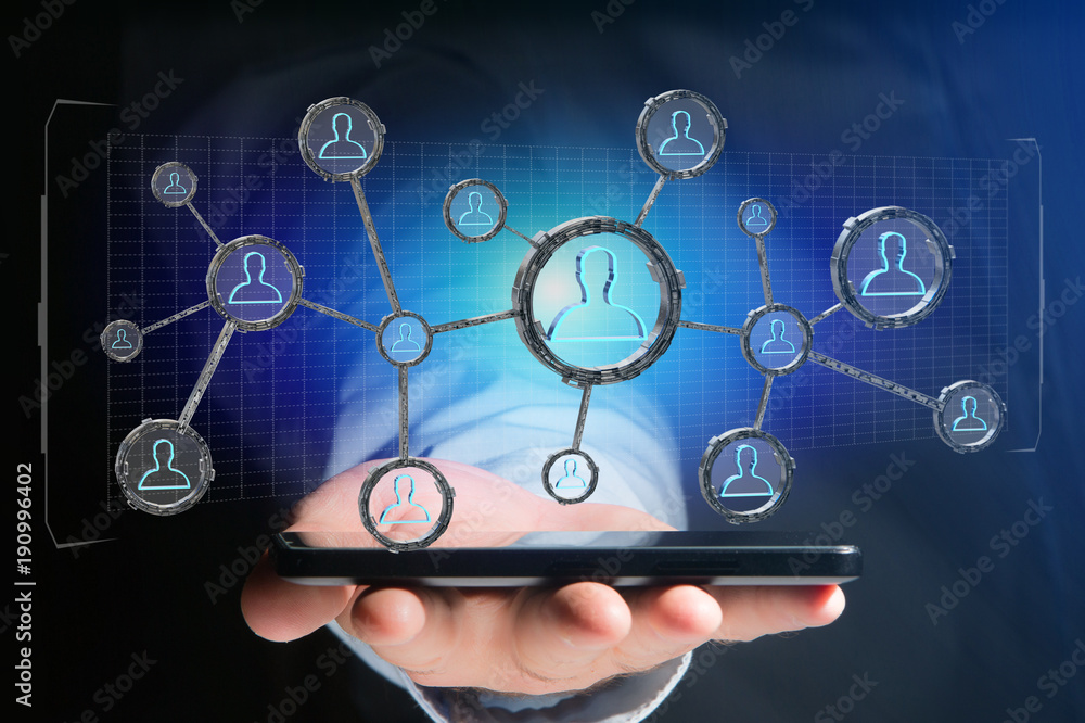 Poster network connection with people linked each other in technology wheel - 3d rendering