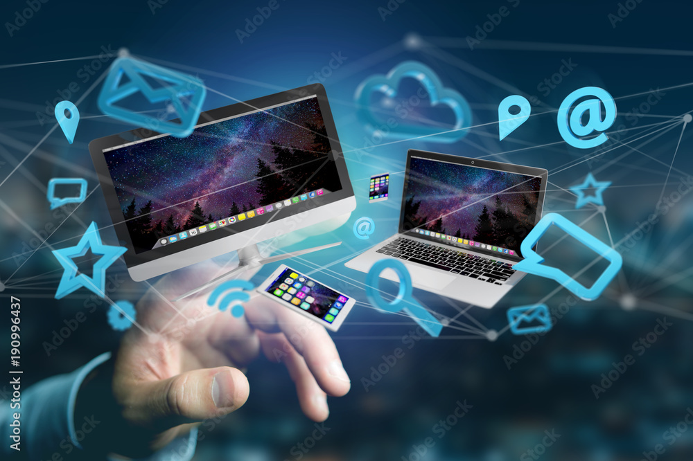 Poster devices like smartphone, tablet or computer flying over connection network and app- 3d render