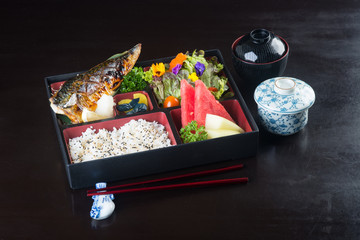 japanese cuisine. lunch box set on the background