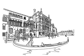 Vector sketch of scene in Venice with channel, gondola and architecture.