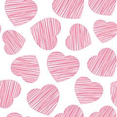 Hand drawn red heart seamless pattern. Hatching hearts different size on white background. Sketched vector illustration for Valentines day celebration, girl birthday card or web decoration.