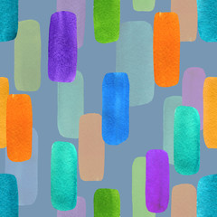 Abstract geometric seamless pattern with colorful blobs. Vintage style watercolor background on grey. For paper, textile, decoration and wrapping.