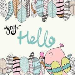 Card with cartoon owl and feathers in bright colors. Say hello.