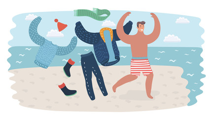 Happy man on holiday running take off his clothes to the waterline of sea on seacoast. Traveling illustration for your design.