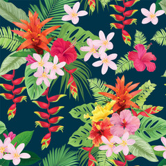 Beautiful seamless pattern with hibiscus flowers and guzmania on dark blue background. Vector set of blooming tropical floral for wedding invitations, greeting card and fashion design.