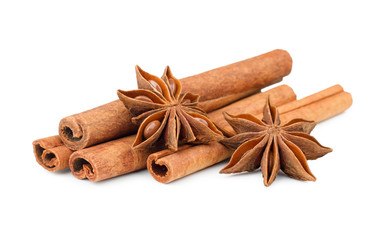 Cinnamon sticks with spice anice isolated on white background.