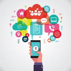 Business hand holding mobile phone with icons. Application abstract network
