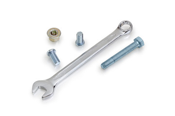 Combination wrench and bolt, screws, nut on a white background