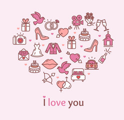 Love Concept Heart Shape Design Template Thin Line Icon Set. Vector