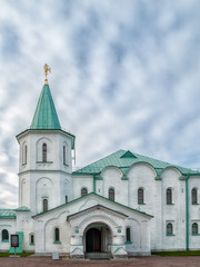 Architectural detail of the Ratnaya Chamber complex with a turret, a three-headed eagle on a spire in Tsarskoe Selo in the Alexander Park, St. Petersburg, Russia