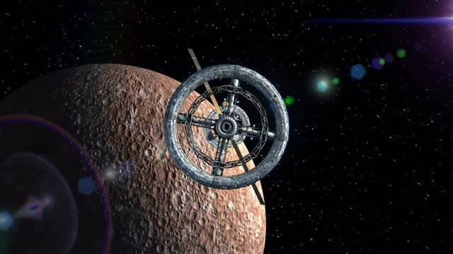 Mercury on the background. Flight through the gates of the sci-fi space station, green screen, 3d animation. Texture of the Planet was created in the graphic editor without photos and other images.