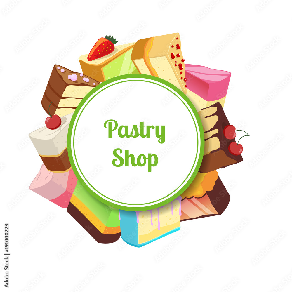 Wall mural vector illustration for pastry shop or confectionary with cartoon tasty cake