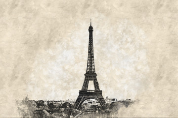 Pen and ink sketch of the Eiffel Tower, Paris