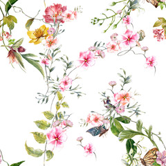Watercolor painting of leaf and flowers, seamless pattern on white background