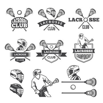Labels of lacrosse club. Vector monochrome pictures set