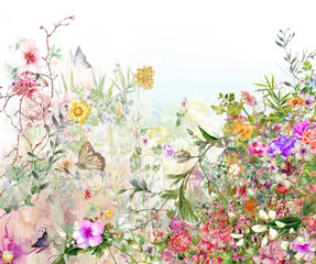 Fototapety  Malarstwo akwarela streszczenie kolorowe kwiaty. Wiosna wielokolorowa w naturze.