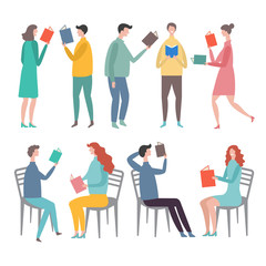 Fototapeta premium Funny characters male and female standing and reading books. Stylized vector illustrations in flat style