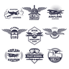 Labels at aircrafts theme. Vector monochrome illustrations of airplanes