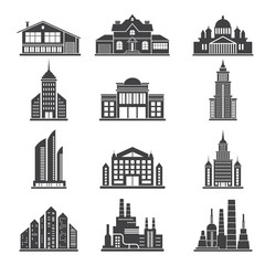 Monochrome silhouettes of different modern buildings and others municipal architecture objects
