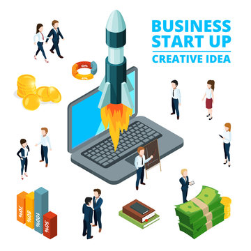 Concept illustration of starting business. Startup visualization. 3d isometric pictures