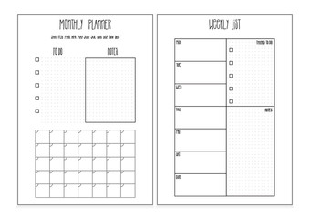 Weekly planner, monthly planner printable pages. Vector organizer template.