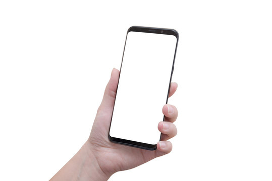 Isolated modern smart phone with round edges in woman hand. Isometric position.