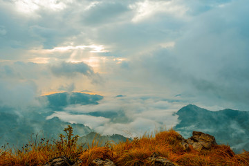 high mountains peaks range clouds in fog scenery landscape national park view outdoor  at Chiang Rai, Chiang Mai Province, Thailand