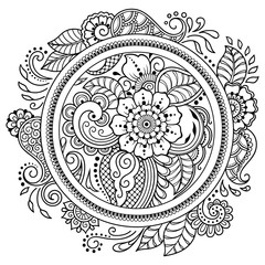 Circular pattern in the form of a mandala. Henna tatoo mandala. Mehndi style. Decorative pattern in oriental style. Coloring book page.