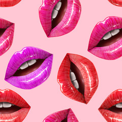 Seamless pattern of sexy lips. Vector lipstick or lip gloss 3d realistic design. Fashion illustration - obrazy, fototapety, plakaty