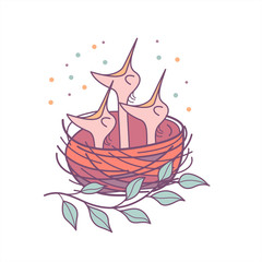 Birds in nests. The flowers and birds. Vector illustration.
